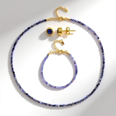 Cavill - Verguld 925 Sterling Zilver Sieraad Set - 42.055 ct Ronde Facet Tanzaniet uit Tanzania - Elegante Verstelbare Ketting, Armband en Oorbellen