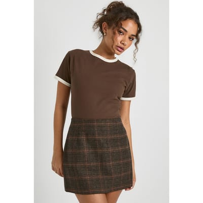 boohoo Dames Geruite Wool Look Mini Rok | Brown | Maat: 8