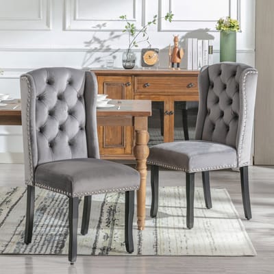 Merax Set van 2 Luxe Eetkamerstoelen met Chromen Deurklopper en Knoopdetails – Grijs Velvet en Eikenhouten Poten