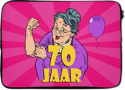 Laptophoes 14 inch - Vrouw - 70 Jaar verjaardag - Cadeau - Laptop sleeve - Binnenmaat 33x23 cm - Zwarte achterkant