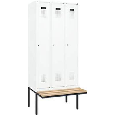 C+P Evolo Plus garderobekast, 3 vakken van elk 300 mm breed, zwevende bank, B 900 x D 815 x H 2120 mm, cilinder, verkeerswit/verkeerswit