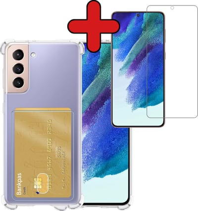 Hoesje - Geschikt voor Samsung Galaxy S21 FE - Met Screenprotector - Pashouder - Kaarthouder - Back Cover - Telefoon Hoes Shockproof - Siliconen Case - Shock Proof - Pasjes Houder - Telefoonhoes - Transparant