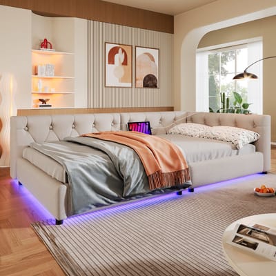 Slaapbank - Daybed - Dagbed - 90x200cm - Slaapbank met lattenbodem (zonder matras) - Sfeerverlichting met afstandsbediening - Hoofdbord met knopjes - Usb+Type-c - Linnen - Beige