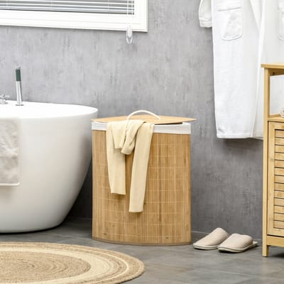 MODFU Wasmand - Hoekmodel Met Deksel En Uitneembare Binnenzak - Bamboe - Naturel - 38 X 38 X 57 Cm