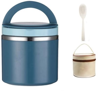 KZQ Lunchbox - Geïsoleerde roestvrijstalen container met deksel - Lekvrij, luchtdicht, compact - Geschikt voor werk, reizen en school - Inclusief geïsoleerde tas en lepel -blauw