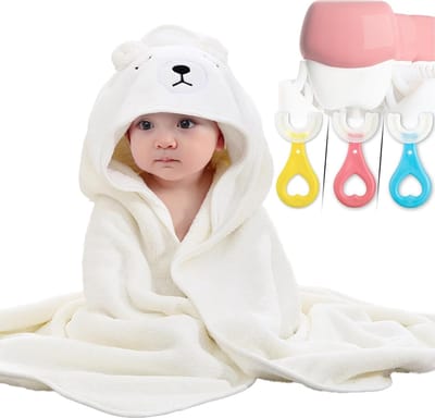 JGS ® Kinderbadponcho met Schattige Oortjes, Superzachte en Absorberende Babyhanddoek met Kap, Wit, Set van 2