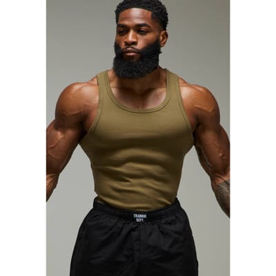 Heren Active Gym Muscle Fit Geribbelde Vest | Khaki | Size XS