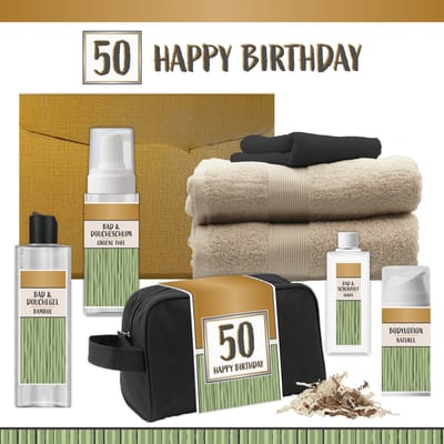 Geschenkset “50 Happy Birthday” - 8 producten - 1140 gram | Luxe wellness Cadeaubox voor Hem Giftset Feestje Verjaardag Vijftig jaar Cadeau Pakket Douche Gefeliciteerd Verjaardagscadeau Man Gift Set Party Fifty Years Hartje Goud Groen Beige