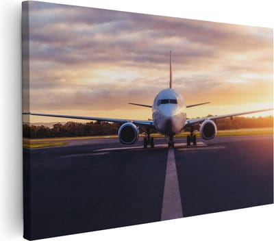 Artaza Canvas Schilderij Zonsondergang - 30x20 cm - Klein - Wanddecoratie Vliegtuig - Muurdecoratie Luchthaven - Schilderijen Op Canvas