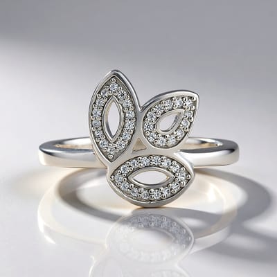 Cavill - Zilveren ring - 925 Sterling zilver geplatineerd - 40 Cambodjaanse Zirkonen 0 266 ct - Elegante bladvorm ring - Luxe dames sieraden