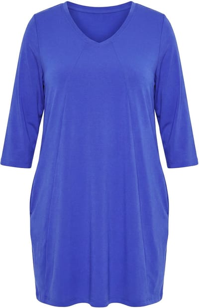 Ulla Popken - Dames - Longshirt siernaden A-lijn V-hals 3/4-mouw - Azuurblauw - Maat 42+