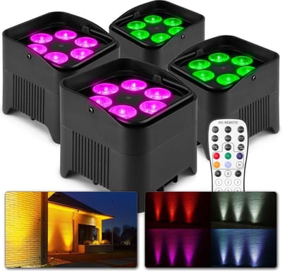 BeamZ uplighter - Set van 4 BeamZ BBP96S uplights met ingebouwde accu, 6x 12W LED's en draadloze DMX