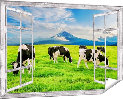 Gards Tuinposter Doorkijk Koeien in de Wei - 150x100 cm - Tuindoek - Tuindecoratie - Wanddecoratie buiten - Tuinschilderij