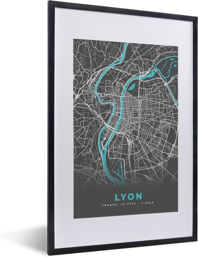 Fotolijst incl. Poster - Lyon - Plattegrond - Kaart - Stadskaart - Frankrijk - 40x60 cm - Posterlijst