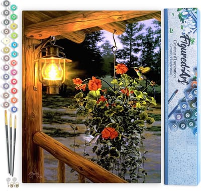 Figured'Art Schilderen op Nummer Volwassenen canvas Lantaarn onder de veranda - Handwerk acrylverf Kit DIY Compleet - 40x50cm zonder frame