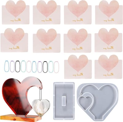Hartvormige Siliconen Mal Set – DIY Hars Decoratie Dubbele Hart Basis Mal 20.2×18.3cm + Kleurrijke Kralen + 10 Wenskaarten – Perfect voor Handgemaakte Cadeaus en Thuisdecoratie