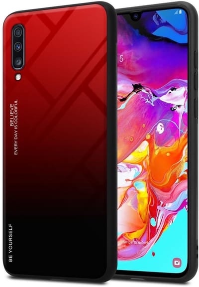 Cadorabo Hoesje geschikt voor Samsung Galaxy A70 / A70s in ROOD - ZWART - Tweekleurige beschermhoes van TPU-silicone Case Cover en achterzijde van gehard glas