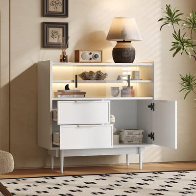 MODENUIT Opbergkast - Met Glazen Schuifdeur En LED-Verlichting - Voor Badkamer En Woonkamer - MDF - 80 cm - Wit