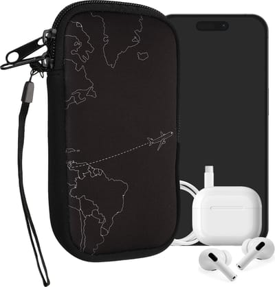 kwmobile hoesje voor smartphones L - 6,5" - hoes van Neopreen - Travel Vliegtuig design - wit / zwart - binnenmaat 16,5 x 8,9 cm