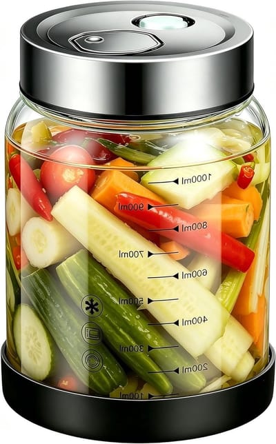 Gistingscontainer met deksel van 1 liter voor fermentatie, ideaal voor zuurkool en kimchi, inclusief ontluchtingsventiel en vacuümglas