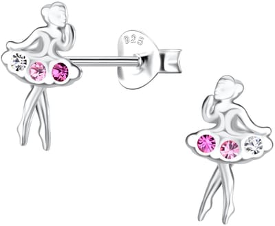Joy|S - Zilveren ballerina danseres oorbellen - 7 x 11 mm - kristalletjes roze - sterling zilver 925