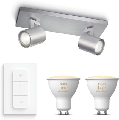 Philips Hue Runner Opbouwspot (Aluminium) - Warm tot Koelwit Licht - Incl. Hue Dimmer Switch - Plafondspot met 2 Lichtpunten - GU10 - Hue White Ambiance