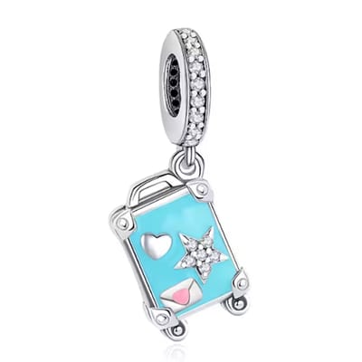 Fler® | Bedel | Past op populaire bedelarmbanden (standaard - 3mm) | Blauwe Reiskoffer Bedel | Hangbedel Charm | 925 sterling zilver | Transparante zirkonia | Blauwe & Roze emaille | Valentijnsdag Cadeau | Sinterklaas kado | Kerstcadeau | Verjaardag