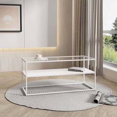 Moderne Rechthoekige Salontafel met Glazen Tafelblad en Onderplank, Wit Staal