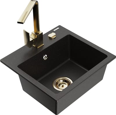 Mexen Milo granieten gootsteen met 1 bak en Rita keukenmengkraan, zwart/goud metallic - 6505-75-670300-50