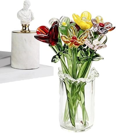 Glazen Bloemen Vaas - Mini Boeket - Interieur Verfraaien - Handgeblazen Artistiek - 11 Delig - Meerdere Kleuren