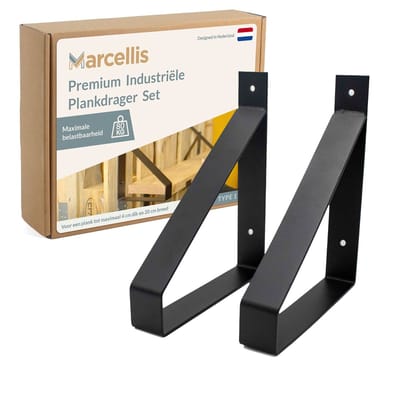 Marcellis - 2x Industriële plankdrager - Voor plank 20cm + schroefset - mat zwart - staal - T1
