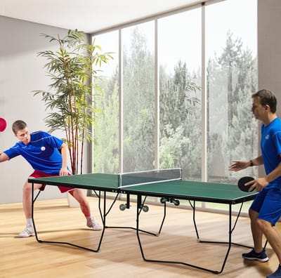 MEUNIQ Indoor tafeltennistafel 274 x 152,5 x 76 cm inklapbaar met 8 wielen, afneembaar net, 2 bats en 3 ballen, groen voor thuis en speelruimte