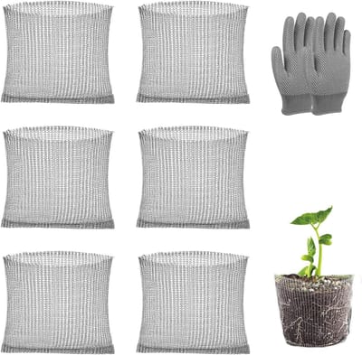 Set van 6 Roestvrijstalen Beschermmanden voor Planten met 1 Paar Handschoenen, Ideaal voor Bloembollen en Wortelbescherming
