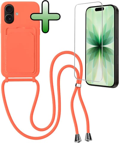 Hoes Geschikt voor iPhone 17 Hoesje Pas Houder Case Hoes Met Koord Met Screenprotector - Hoesje Geschikt voor iPhone 17 Hoes Met Telefoonkoord Pasjeshouder Cover - Papaya