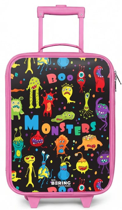 NoBoringSuitcases.com® - Kinderkoffer roze - Kindertrolley meisje - Patroon van monsters - Koffer kind lichtgewicht - Reiskoffer trolley voor kinderen - Koffertje met lichtgevende wieltjes - Rolkoffer