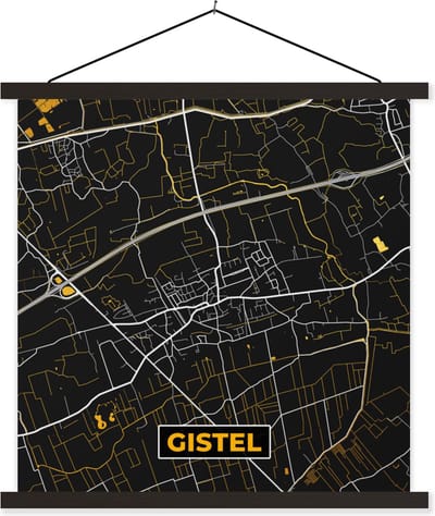 Posterhanger incl. Poster 60x60 cm - Schoolplaat - Gistel - Goud - Kaart - Plattegrond - Stadskaart - Textielposter - Zwarte latten - Stadskaart