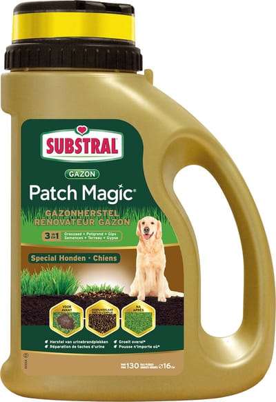 Substral graszaad 1,3 kg - 3-in-1 Patch Magic - herstel urinebrandplekken hond - Graszaad + meststof + potgrond - Speciaal voor honden - Handige strooibus