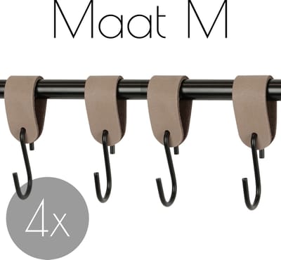 4x Leren S-haak hangers  - Handles and more® | TAUPE - maat M (Leren S-haken - S haken - handdoekkaakje - kapstokhaak - ophanghaken)