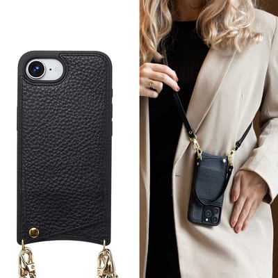 Selencia Hoesje - Geschikt voor Apple iPhone 17e / 16e - Backcover met koord en pashouder - Zwart