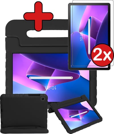 Hoesje - Geschikt voor Lenovo Tab M10 Plus (3e / 3rd Generatie) - Met 2x Screenprotector - Kinderhoes - Shockproof Bumper - Kidsproof Case - Tablethoes - Kinder Hoes Cover - Zwart