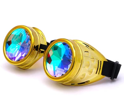 KIMU® Goggles Steampunk Bril - Goud Montuur - Caleidoscoop Glazen - Gouden Spacebril Burning Man Rave Space Zijkleppen Kaleidoscoop Geslepen Festival
