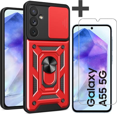 Hoesje met Screenprotector Geschikt voor Samsung Galaxy A55 Met draaibare Ringhouder en camera bescherming - Arara backcover - Rood