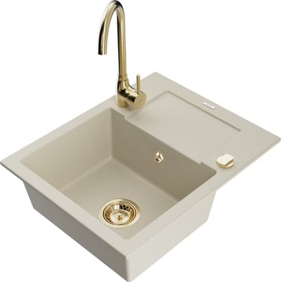 Mexen Enzo granieten spoelbak 1-kom met afdruiprek en keukenkraan Telma, beige - 6506-69-670200-50