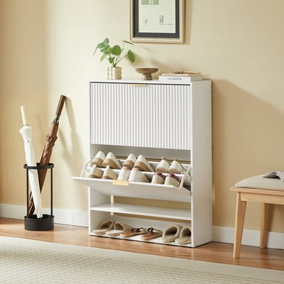 Clruro Schoenenkast - 80 x 24 cm - Geribbelde Front met Verstelbare Planken - Met Kantelbeveiliging - Houtmateriaal - Wit