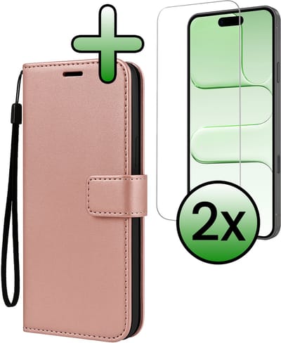 Hoesje Met 2x Screenprotector - Geschikt voor Apple iPhone Air - Luxe Pasjeshouder - Bookcase Portemonee - Flip Case - Kunstleer Book Case - Flipcase Hoes - Book Cover - Walletcase - Portemonneehoes - Rosé goud