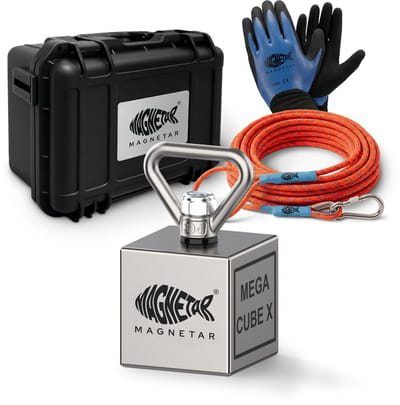 Magnetar Magneetvissen Megacube X pakket - Beginners en Gevorderden - Vismagneet - 360° 900kg Blok magneet - Set met Koffer, Touw en Handschoenen