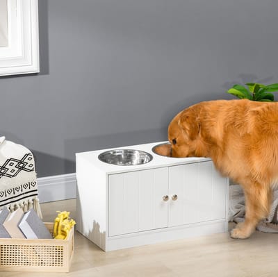 Hondenvoerbak – Verhoogd Met Opbergruimte – 60 x 30 x 35,5 cm – Hout En Roestvrij Staal – Wit – Met 2 Schalen En Magnetische Deuren