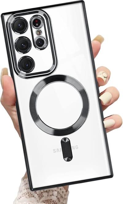 Hoesje Geschikt Voor Samsung Galaxy S23 Ultra hoesje Magnetisch Met Lens beschermer Transparant / Zwart – Magneet hoesje