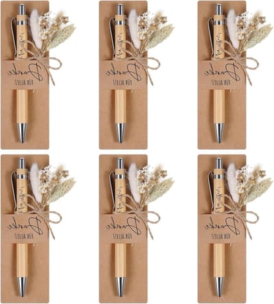 Houten Balpen met Gravure en Droogbloemen - Perfecte Afscheidsgift voor Docenten, Collega's en Vrienden (6 Sets, Bedankje)