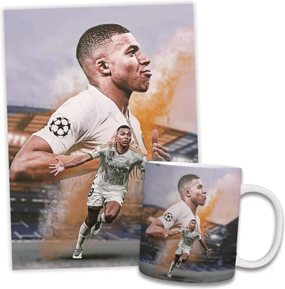 SUPER COMBI DEAL! Kylian Mbappé Poster + Mok - Real Madrid - Formaat - Voetbal - Bekende voetballer - Sport - Cadeau - posters - aanbieding